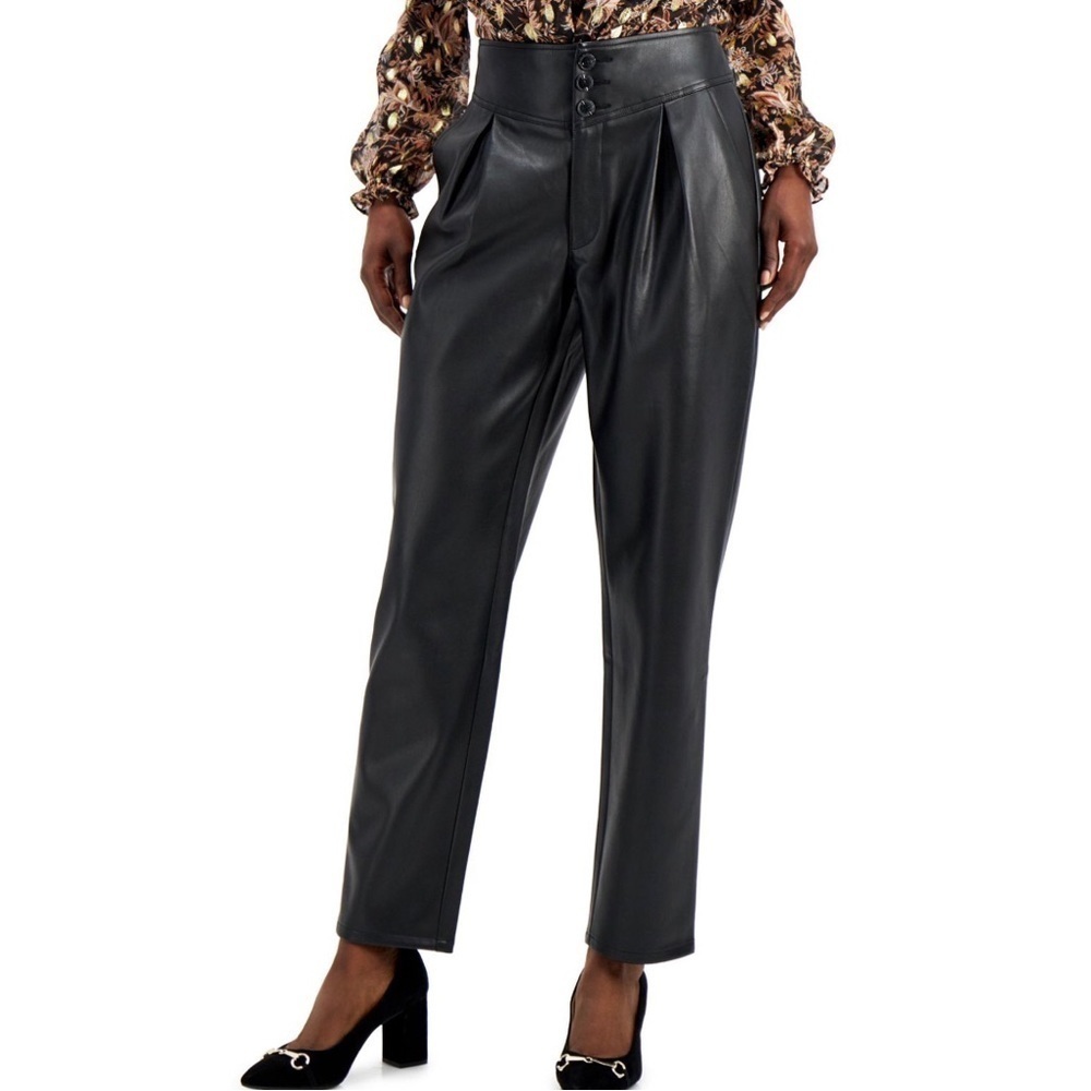 🌻NEW (w/tags) INC Intl Concepts Black Faux Leather Hi-Waist Pleated Pants 12